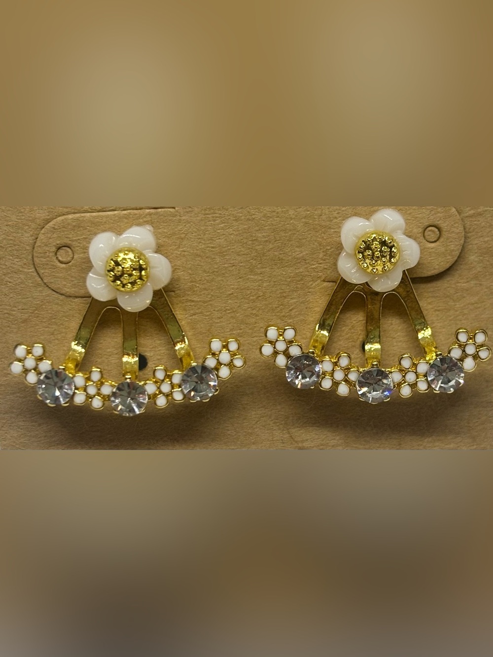 Gold and White Floral Crystal Drop Earrings